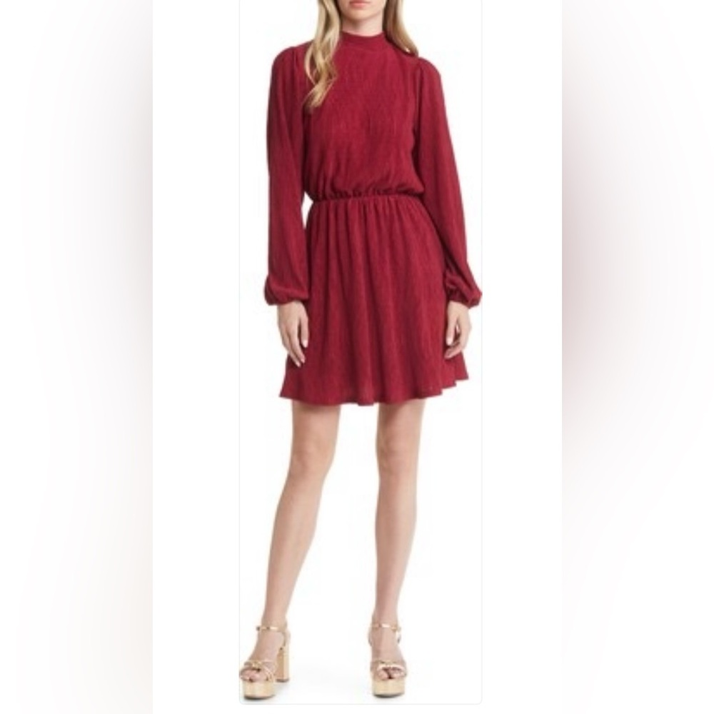 Floret Studios Plissé Long Sleeve Dress In Red Size Small NWOT